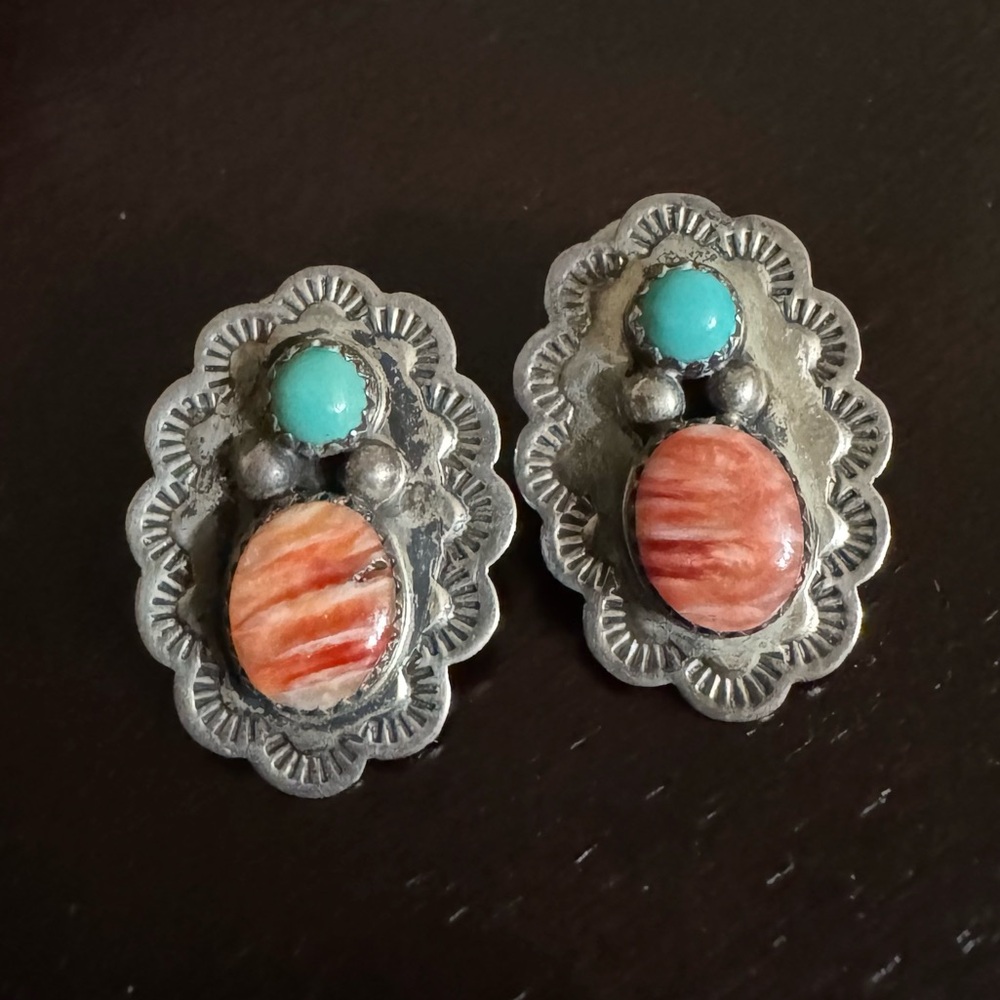 Southwestern style earrings with turquoise and spiney oyster cabochons